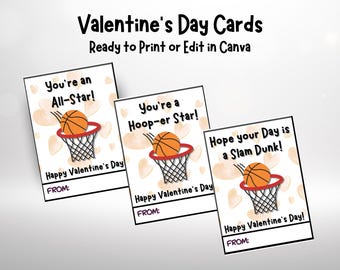 May include: Three Valentine's Day cards with basketball themes. Each card features a basketball going into a hoop, with phrases like "You're an All-Star!" and "Hope your Day is a Slam Dunk!" The cards are ready to print or edit in Canva.