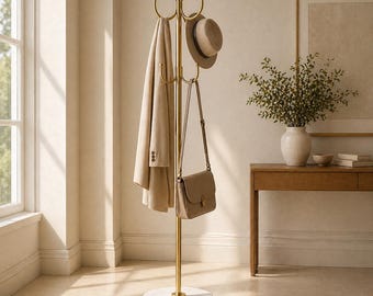 Appendiabiti in ottone massiccio con base in marmo bianco, altezza 72 pollici (183 cm), finitura lucida, ideale per l'ingresso.