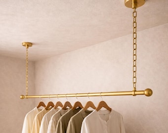 Solid Brass Ceiling Clothes Rack, Chain Suspension Garment Rail, Minimalist Closet Rod
