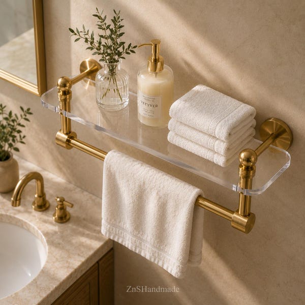 Estante acrílico de latón macizo con toallero – Organizador de pared de 18 pulgadas – Almacenamiento moderno para baño