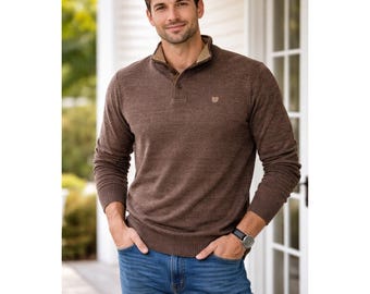 Chaps Men's Brown Quarter Button Pullover Sweater Casual Knit Shirt