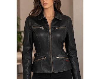 GUESS Women's Genuine Black Leather Jacket Vintage Size S  RARE