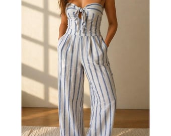 Abercrombie & Fitch Striped Wide Leg Jumpsuit Blue White Tie Front Smocked Small