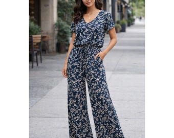 Korye Floral Surplice Sleeveless Wide Leg Jumpsuit Feminine Black Pink Women XL