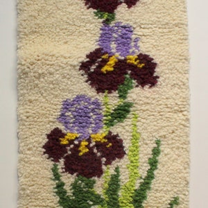 Vintage Handmade Purple Iris Latch Hook Yarn Wall Hanging 1970s