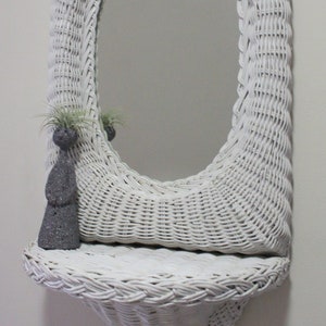 Vintage Decorative Mirrored White Wicker Shelf Wall Art 1970s