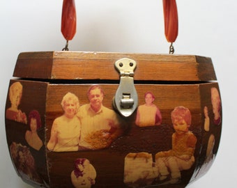 Vintage Wooden Decoupage Family Photos Handbag With Lucite Handle 1960s