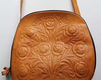 Vintage Tooled Leather Rose Pattern Purse Handbag 1960s