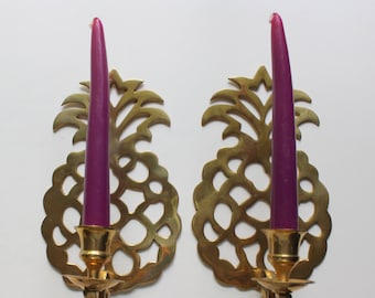 Vintage Brass Pineapple Candlestick Holder Wall Sconces 1970s