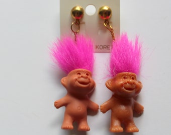 Vintage APSCO Troll-Kins Pink Hair Troll Earrings 1991