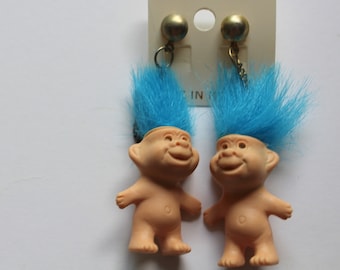 Vintage APSCO Troll-Kins Blue Hair Troll Earrings 1991