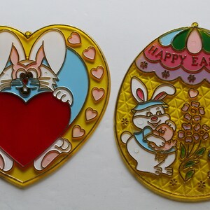 Vintage Pair of Easter Rabbit Suncatchers Hanging Art 1980s
