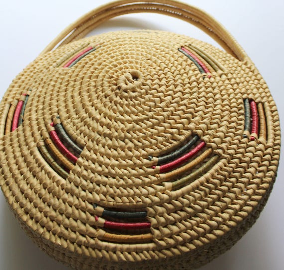 Vintage Large Round Straw Raffia Tote Handbag 197… - image 4