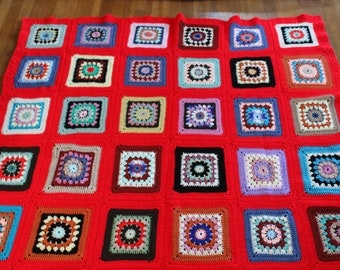 Vintage Handmade Crochet Red Granny Square Blanket - Afghan Throw 1980s
