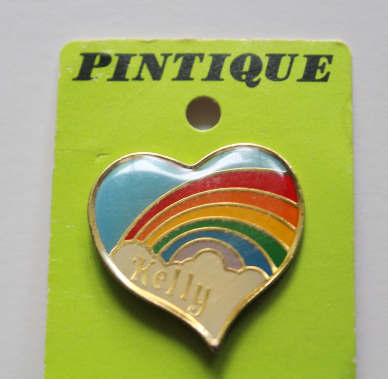 Vintage Heart Shaped Rainbow Kelly Name Enamel Brooch Lapel Pin 1980s image 4