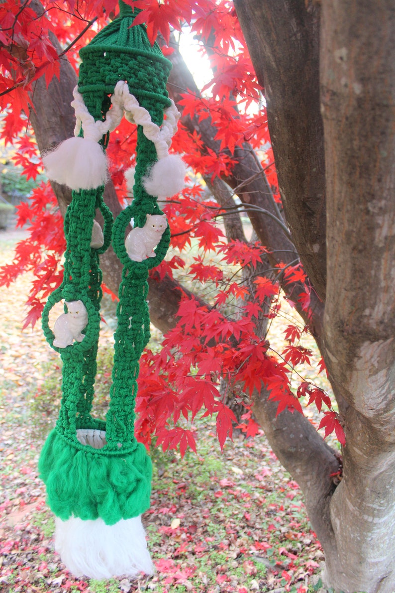 Vintage Handmade Green and White Macrame Plant Hanger with Ceramic White Cats 1970s