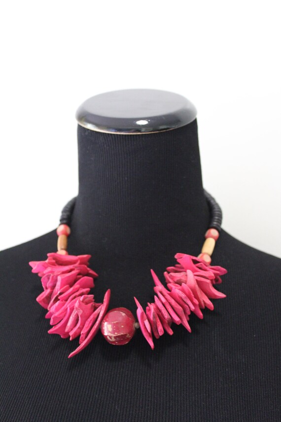 Vintage Chunky Pink Wooden Bead Necklace 1980s - image 7