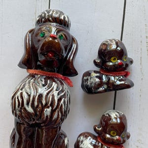 Vintage Redware Pottery Brown Poodle Family Statues 1970s