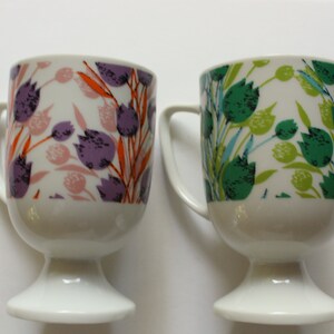 Vintage Pair Of Trimontware Colorful Tulips Porcelain Pedestal Irish Coffee Mugs 1970s