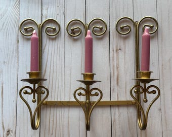 Vintage Pair of Home Interiors Metal Triple Taper Candle Holder Wall Sconces 1970s