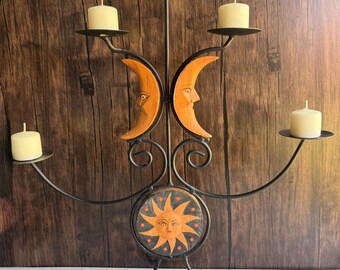 Vintage Metall Himmlischer Sonne Und Mond Kandelaber 5 Arm Kerzenhalter 1990er Jahre