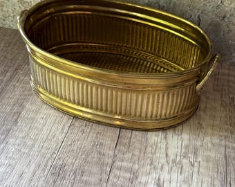 Vintage Ribbed Brass Planter With Handles 1970s