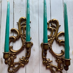 Vintage Decorative Gold Metal Sexton Candlestick Taper Wall Sconces 1960s