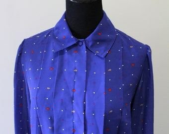 Vintage MS Chaus Blue Polka Dot Sheer Collared Polyester Dress 1980s