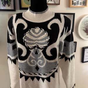 Vintage Fully Fashion Brand Black White And Gray Beaded Wool Angora Blend Sweater 1980s