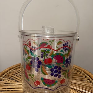Vintage Acrylic Leahy Designs Fruit Pattern Ice Bucket With Top Handle 1980s