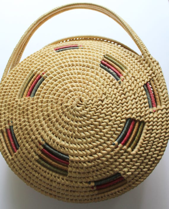 Vintage Large Round Straw Raffia Tote Handbag 197… - image 2