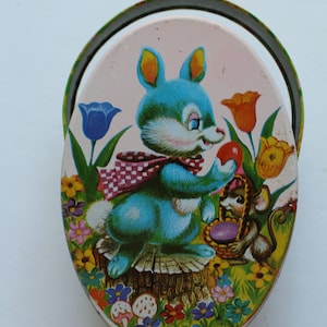Vintage Adorable Bunny Ovale Metalldose mit Griff 1987