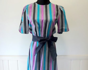 Vintage Periwinkle Brand Striped Belted Dress 1980s