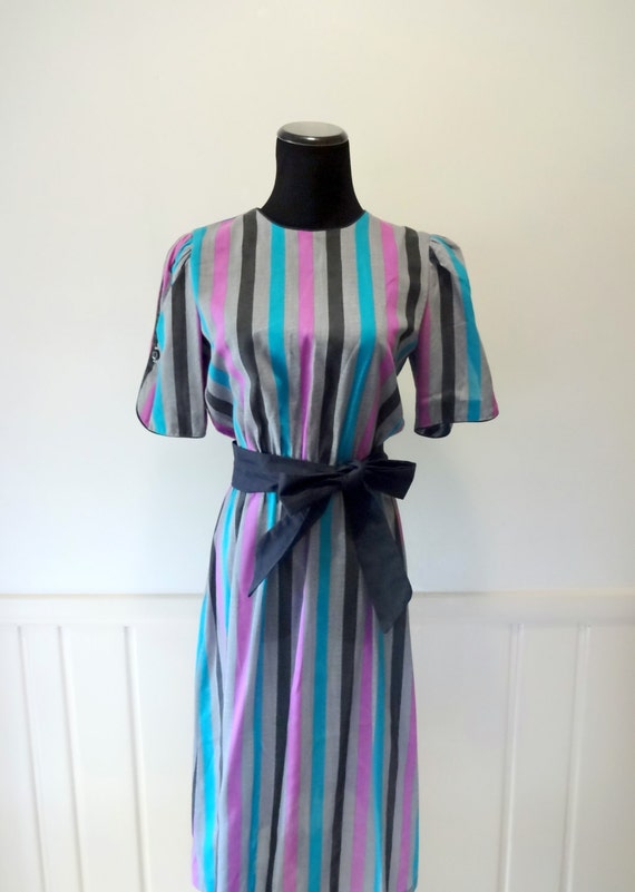 Vintage Periwinkle Brand Striped Belted Dress 1980