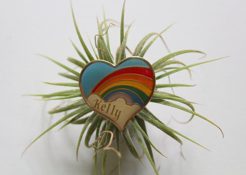 Vintage Heart Shaped Rainbow Kelly Name Enamel Brooch Lapel Pin 1980s image 1