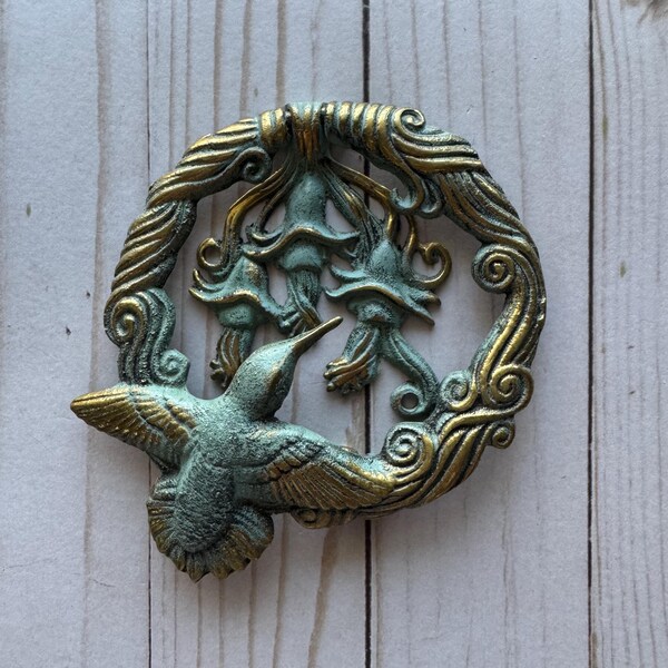 Vintage Green Patina Brass Hummingbird Flower Door Knocker 1990s