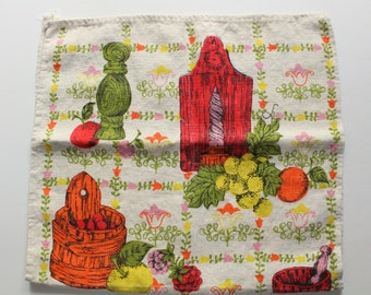Vintage Cute Fruit - Vegetable - Kitchen Tools Pattern Cotton Tea Towel 1960s