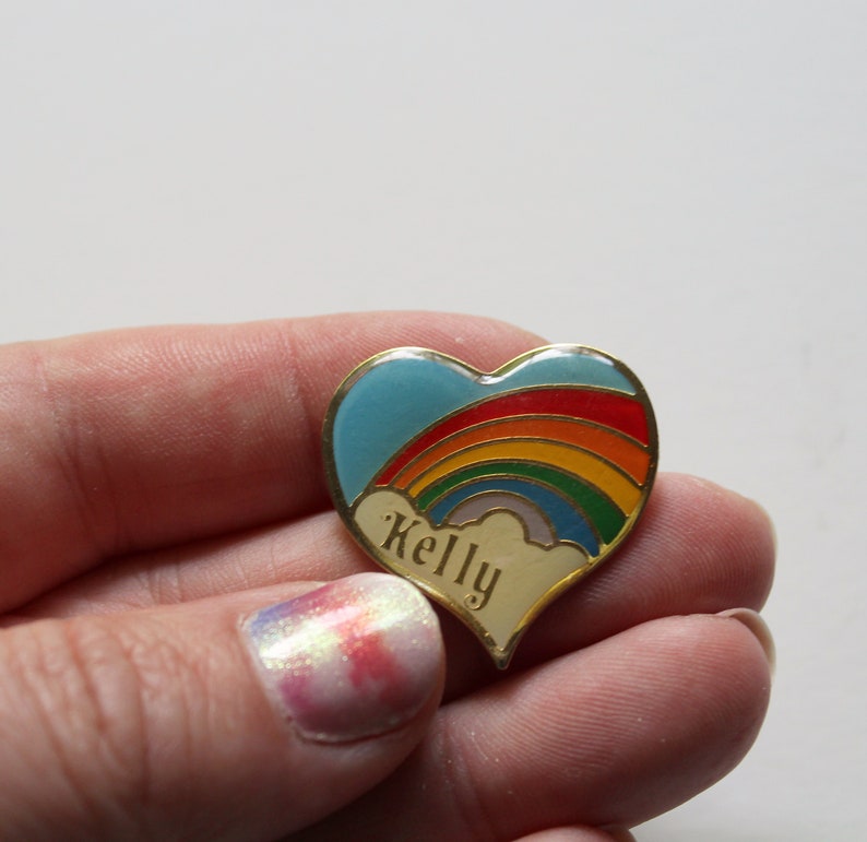 Vintage Heart Shaped Rainbow Kelly Name Enamel Brooch Lapel Pin 1980s image 7