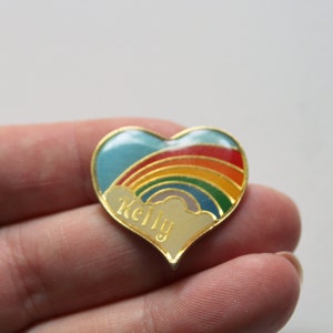 Vintage Heart Shaped Rainbow Kelly Name Enamel Brooch Lapel Pin 1980s image 8