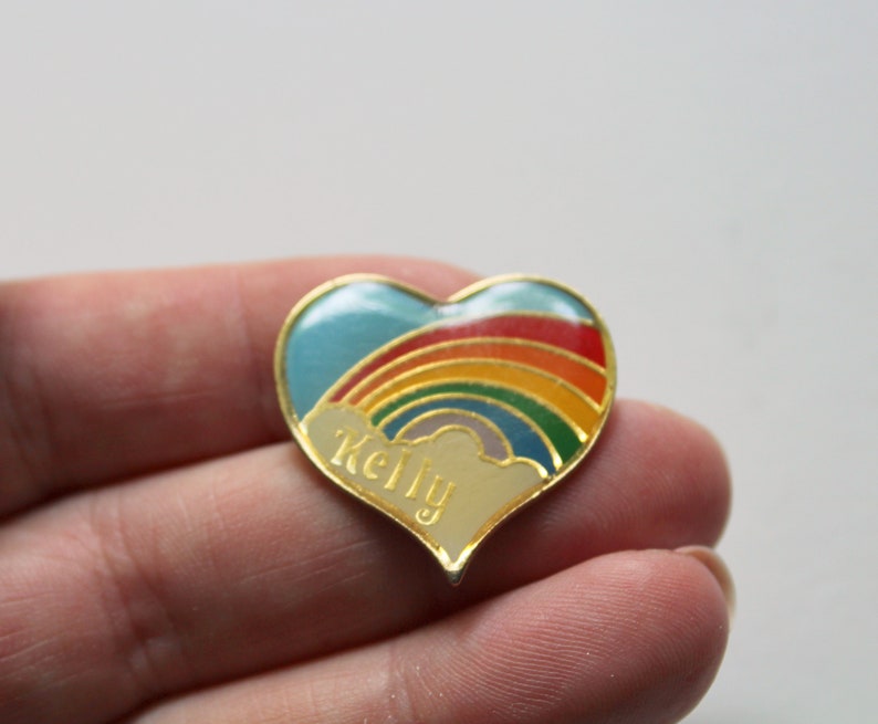 Vintage Heart Shaped Rainbow Kelly Name Enamel Brooch Lapel Pin 1980s image 8