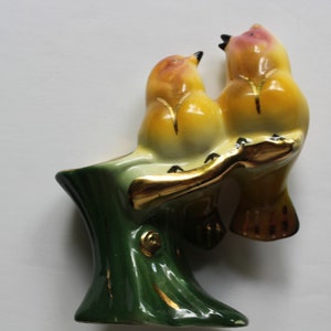 Vintage Glazed Pottery Ceramic Perched Love Birds Small Vase 1950s
