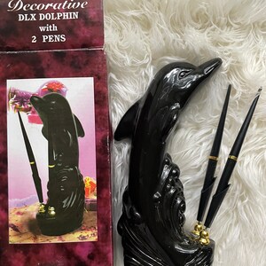 Vintage Keramik Svart Delfin Skrivbord Dubbel Pennhållare Staty 1990-talet