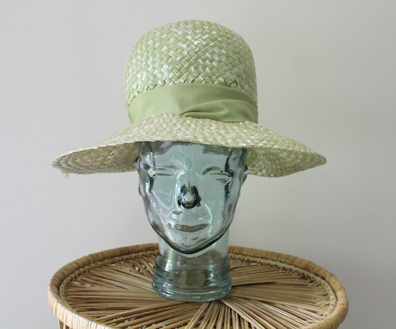 Vintage Mr. John Jr Green and White Straw Dress Hat 1960s - Etsy display picture 3