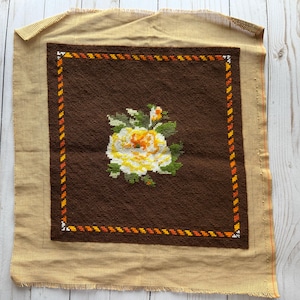 Vintage Unframed Bordered Flower Crewel Needlepoint Art 1970s