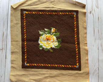 Vintage Unframed Bordered Flower Crewel Needlepoint Art 1970s