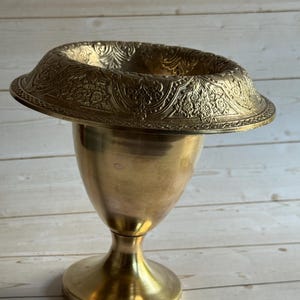 Vintage Embossed Floral Fluted Pedestal Brass Vase 1960s
