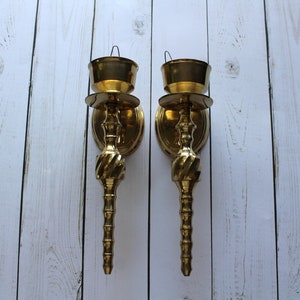 Vintage Twisted Brass Candlestick Holder Wall Sconces 1970s image 2