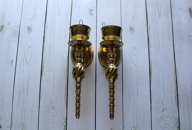 Vintage Twisted Brass Candlestick Holder Wall Sconces 1970s image 2