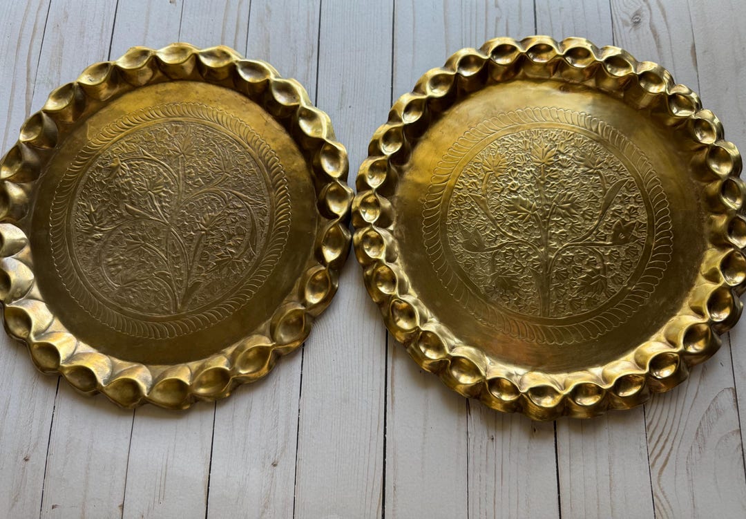 Vintage Pair of Brass Crimped Edge Floral Etched Round Tray Dish