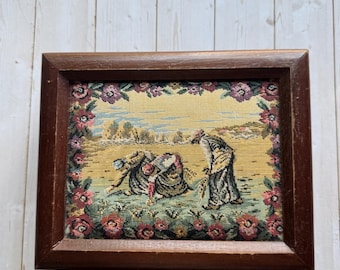 Vintage Wooden Jewelry Box With Tapestry Framed Lid 1970s